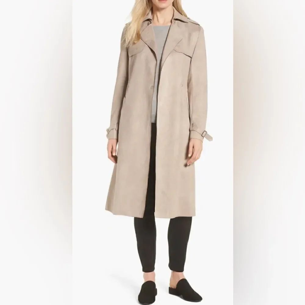 TAHARI Women's Mel Faux Suede Trench Coat Taupe Color Size Medium NEW w/ tags